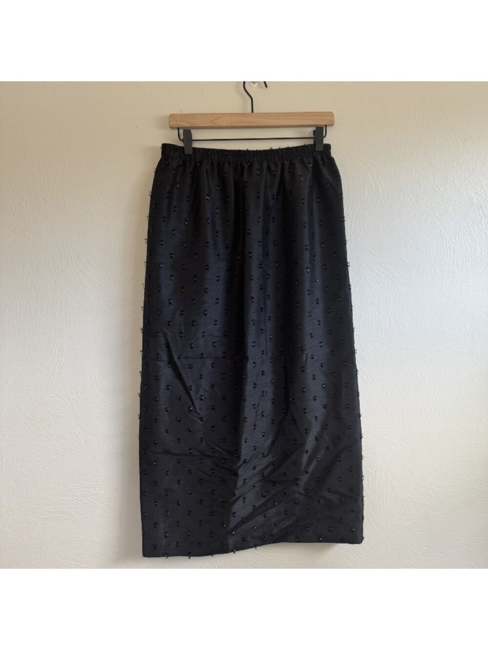 Vintage Kathleen Haggerty Black Beaded Midi Skirt Elastic Waist Size M